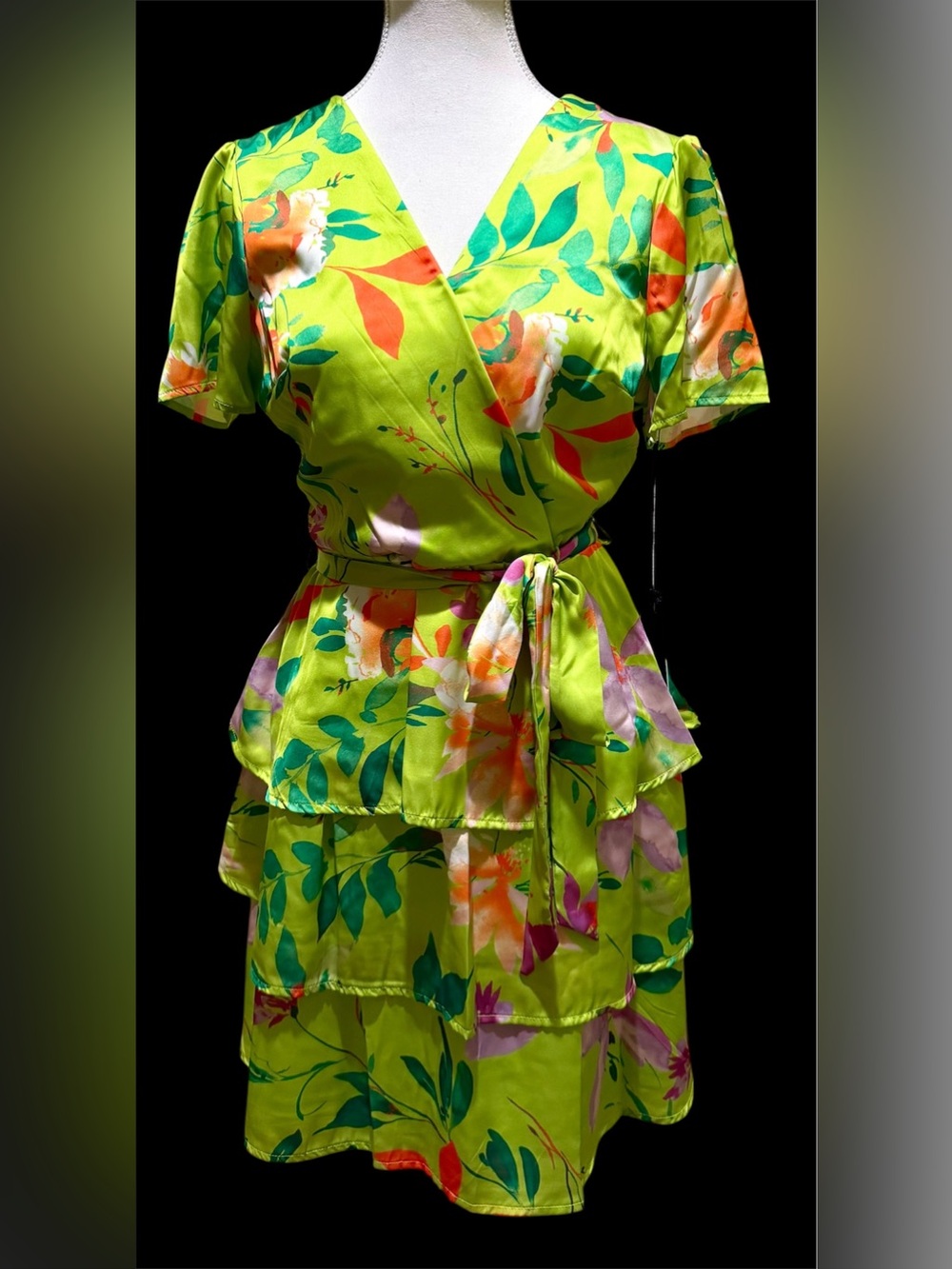Nicole Miller Lime Green Floral Tiered Dress
